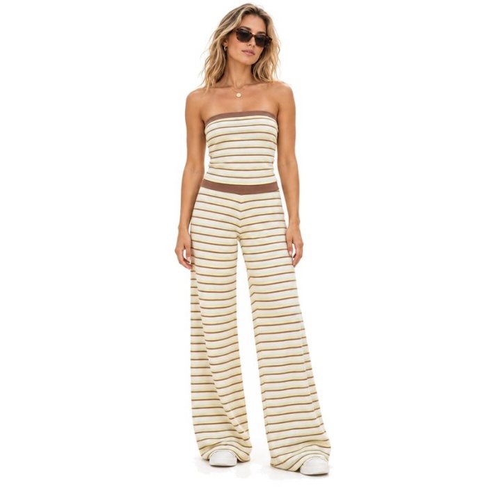 Custom Strapless Yoga Set – Striped Tube Top & Wide-Leg Pants