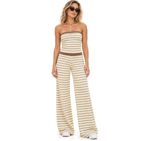 Custom Strapless Yoga Set – Striped Tube Top & Wide-Leg Pants
