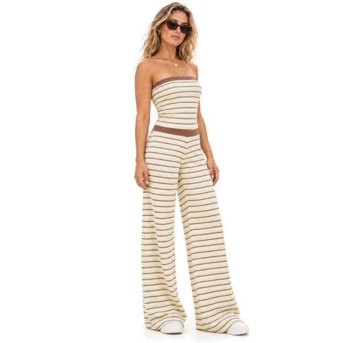 Custom Strapless Yoga Set – Striped Tube Top & Wide-Leg Pants