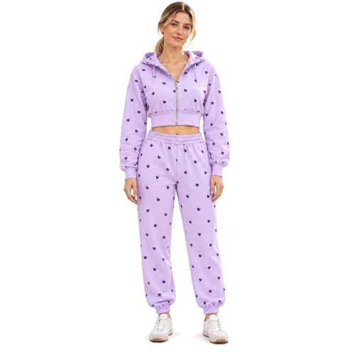 Custom Zip-Up Hoodie – Cropped Lilac Heart Print for Women