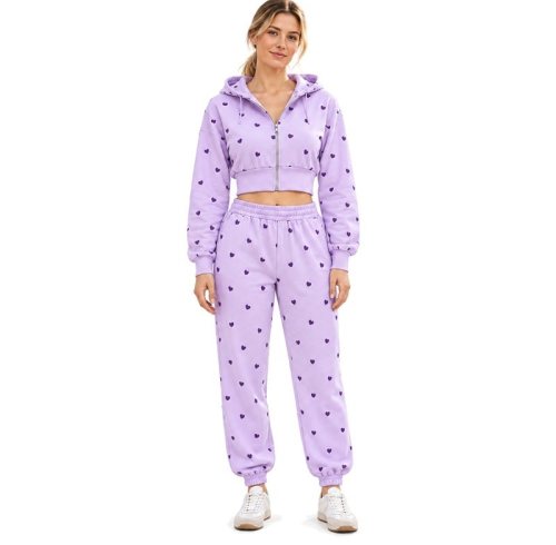 Custom Zip-Up Hoodie – Cropped Lilac Heart Print for Women
