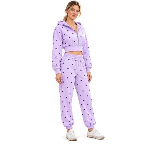 Custom Zip-Up Hoodie – Cropped Lilac Heart Print for Women