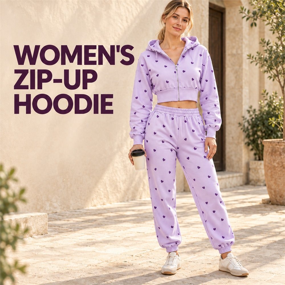 Woman wearing a cropped lilac heart-print zip-up hoodie with matching joggers outdoors