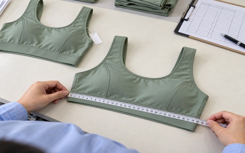 Measuring the underband of a sage green yoga bra during a garment quality check