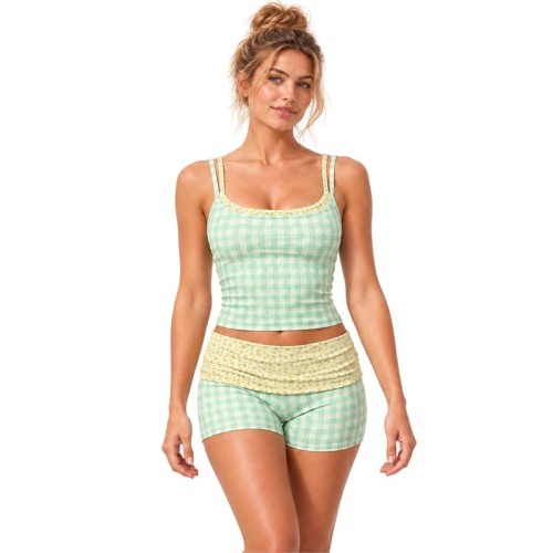 Ensemble de yoga en gros | Vichy et doubles bretelles | Tenue de studio pour femme