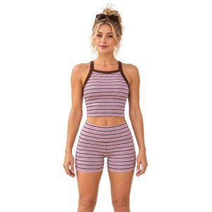 Conjunto de yoga de escote alto personalizado – Top corto de rayas malva y shorts