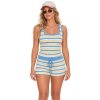 Conjunto de yoga con camiseta de tirantes personalizado – Rayas azules y amarillas, shorts con lazos