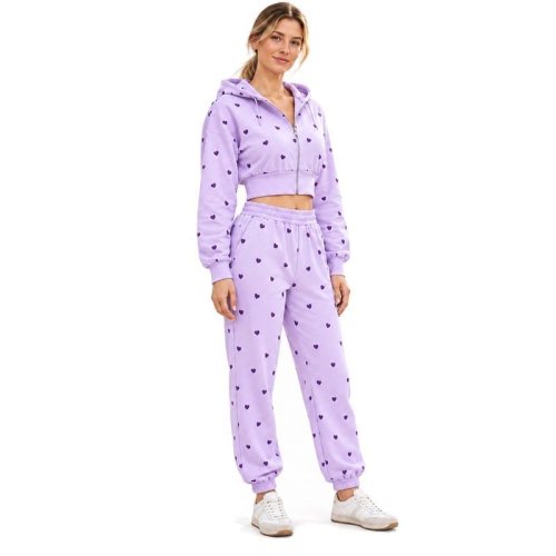 Sudadera con capucha y cremallera personalizada – Corta lila con corazones para mujer