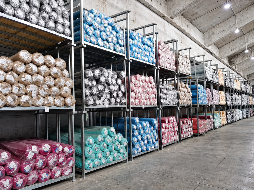 Fabric rolls stored on warehouse racks for sports bra material sourcing