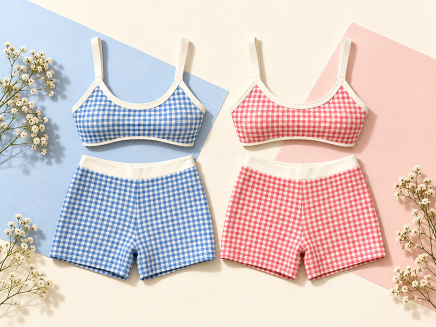 Blue and red gingham sports bra and shorts sets with contrasting cream trim