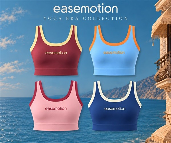 Four sports bra colorways with contrasting trims in an Easemotion Yoga Bra Collection graphic