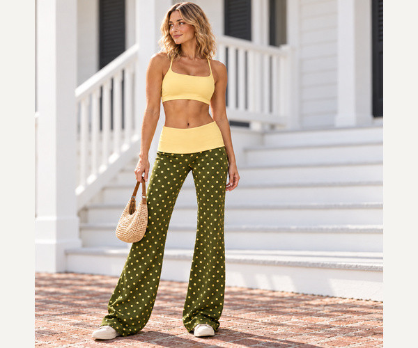 Woman wearing a yellow sports bra and green patterned flared pants outside a white house