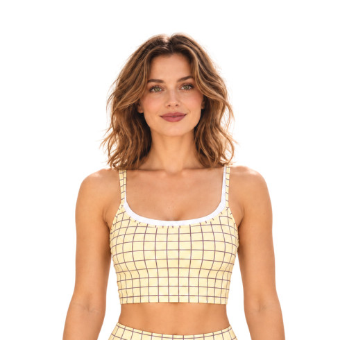 Custom Women Grid Print Square Neck Sports Bra | Cropped Yoga Top