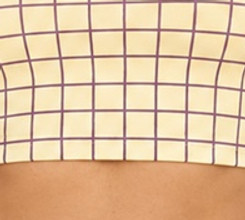 Close-up of the cropped underband seam and grid print at the hem