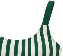 Close-up of the yoga bra neckline finish and thin green strap connection