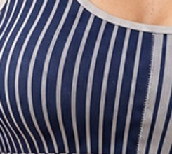 Close-up of the navy and light two-tone striped stretch-knit yoga bra fabric