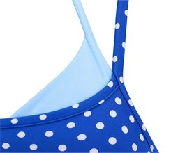 Close-up of the solid halter inner panel and polka dot outer neckline junction