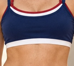 Close-up of the flat white underband beneath the navy double strap yoga bra