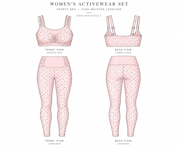 Front and back design drawings of a pink polka-dot sports bra and matching high-waisted leggings set