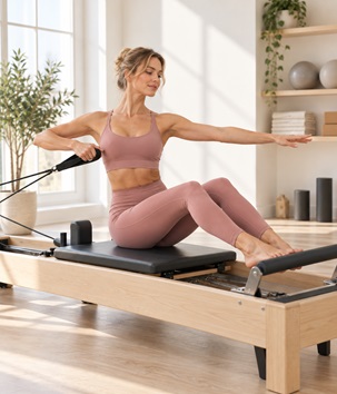 Woman in a rose yoga set using a Pilates reformer