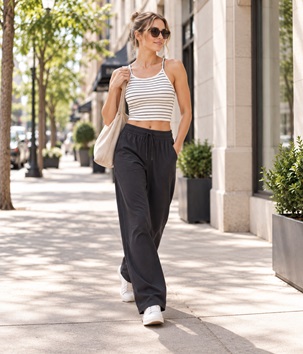 Woman wearing a striped tank top and relaxed black pants outdoors