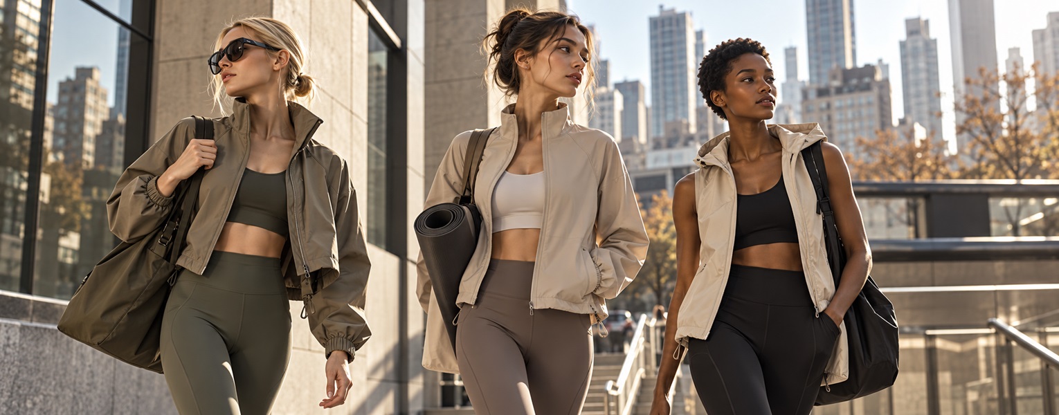 Ensembles de yoga olive, taupe et noir avec vestes zippées légères et gilet à capuche en ville