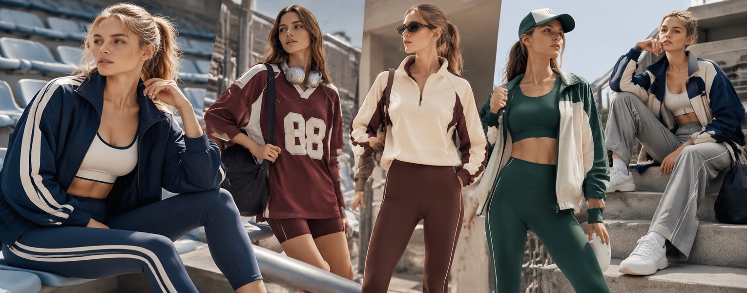 Cinq tenues sport rétro avec bandes marine, pièces bordeaux numérotées, empiècements contrastés et survêtement vert