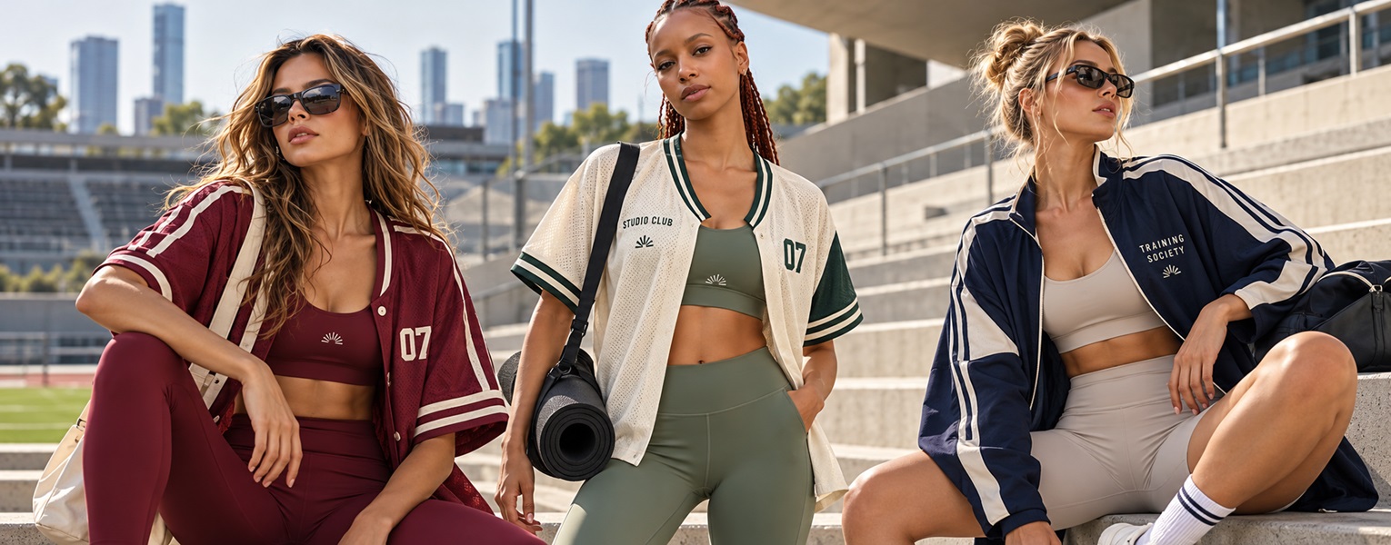 Tenues de studio bordeaux, olive et marine avec lettrages de club, numéros et hauts de type maillot sur des gradins