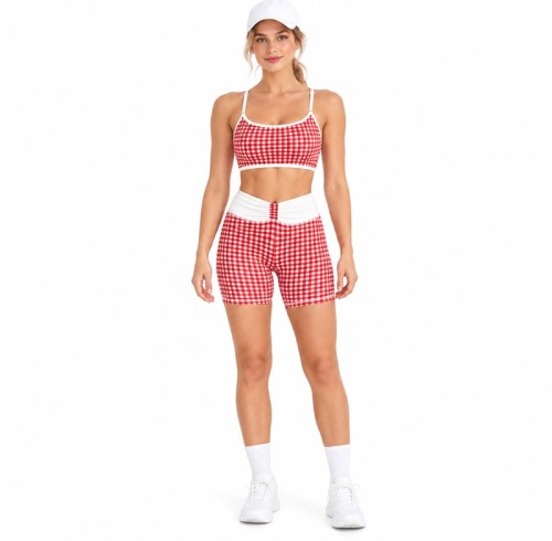 Custom Gingham Yoga Set | Cami Bra & Ruched Shorts | Bloomto