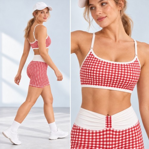 Custom Gingham Yoga Set | Cami Bra & Ruched Shorts | Bloomto