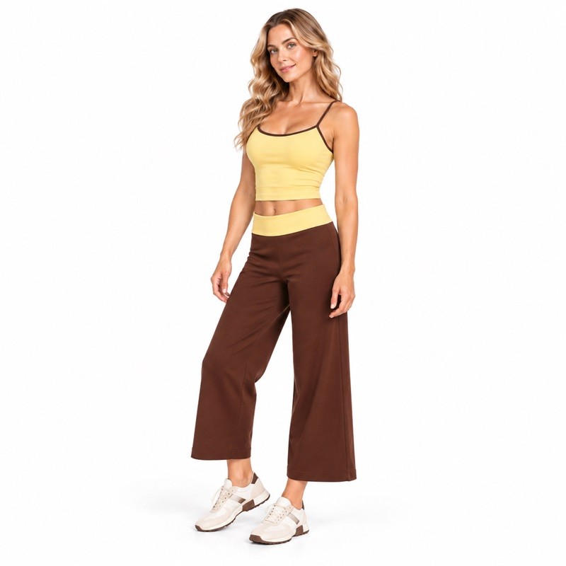 Model wearing the Custom Wide Leg Yoga Set with a yellow contrast-trim scoop-neck cami