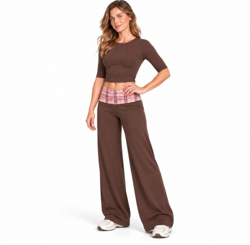 Custom Plaid Waist Yoga Set | Elbow Sleeve Top & Wide Leg Pants | Bloomto