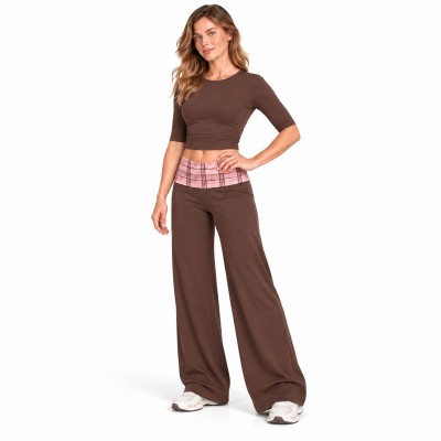 Custom Plaid Waist Yoga Set | Elbow Sleeve Top & Wide Leg Pants | Bloomto