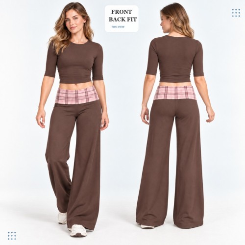 Custom Plaid Waist Yoga Set | Elbow Sleeve Top & Wide Leg Pants | Bloomto
