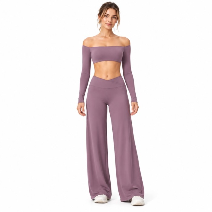 Custom Off Shoulder Yoga Set | Long Sleeve Top & V-Waist Wide Leg Pants | Bloomto
