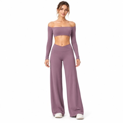 Custom Off Shoulder Yoga Set | Long Sleeve Top & V-Waist Wide Leg Pants | Bloomto