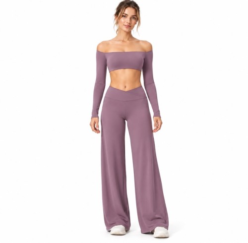 Custom Off Shoulder Yoga Set | Long Sleeve Top & V-Waist Wide Leg Pants | Bloomto