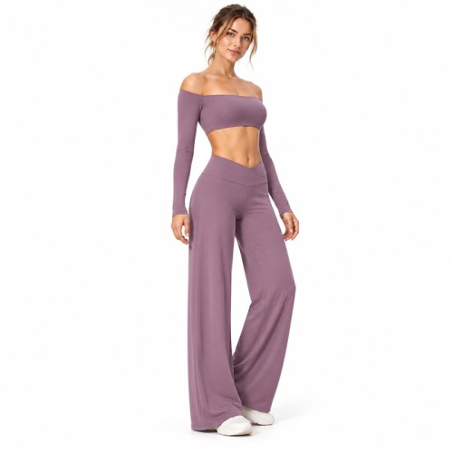 Custom Off Shoulder Yoga Set | Long Sleeve Top & V-Waist Wide Leg Pants | Bloomto