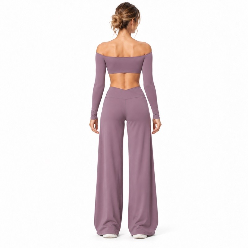 Back view of the off-shoulder crop top and full-length wide-leg yoga pants