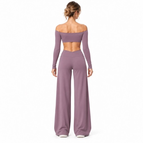 Custom Off Shoulder Yoga Set | Long Sleeve Top & V-Waist Wide Leg Pants | Bloomto
