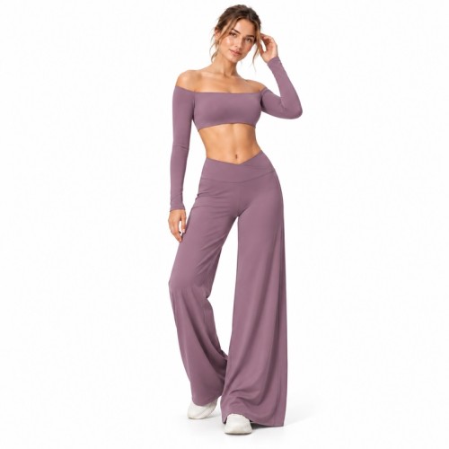 Custom Off Shoulder Yoga Set | Long Sleeve Top & V-Waist Wide Leg Pants | Bloomto