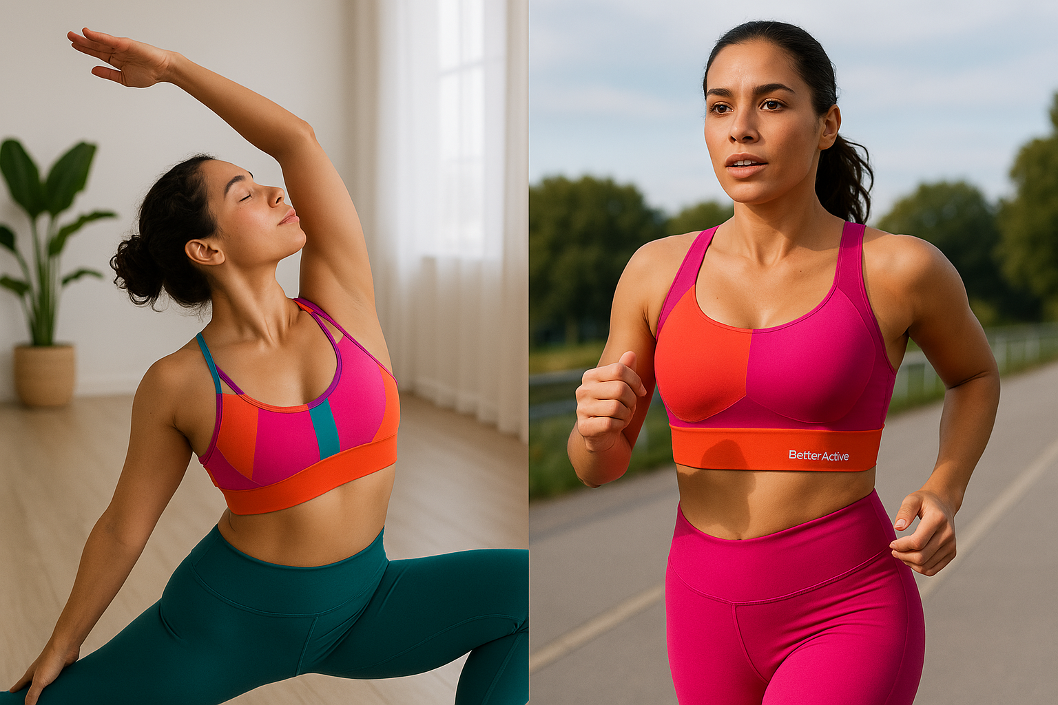 Woman in BetterActive yoga bra doing yoga and woman in sports bra lifting weights