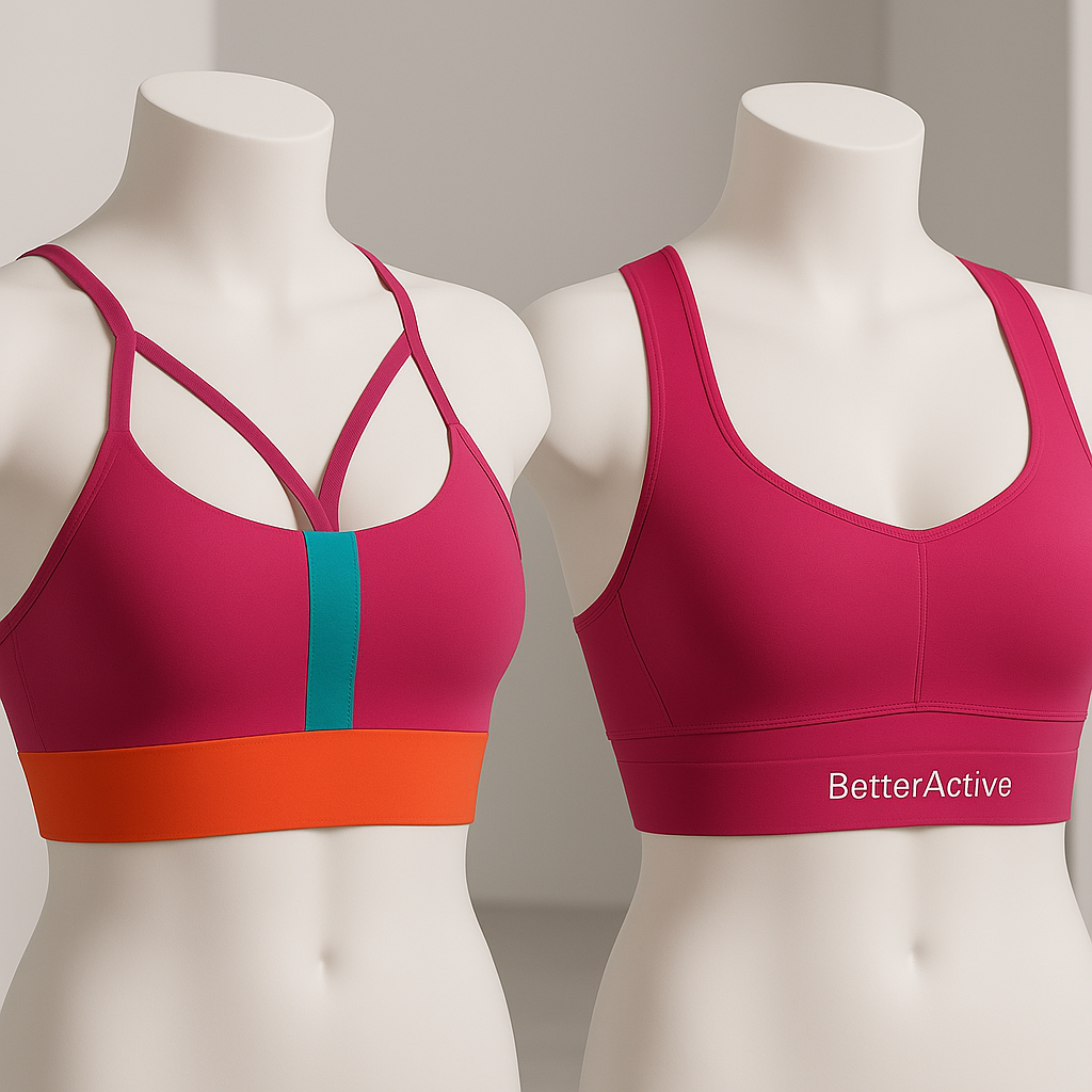 Split-screen of woman in yoga bra practicing yoga and woman in sports bra running