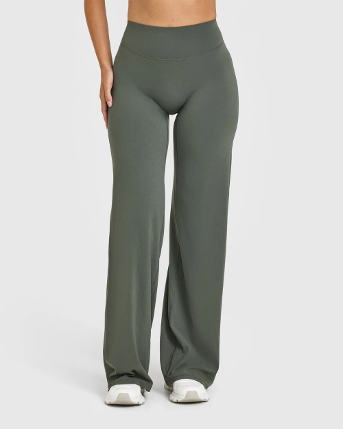 Custom Dark Khaki Wide Leg Leggings | Straight Leg Bottoms for Yoga & Gym | Comfortable Activewear