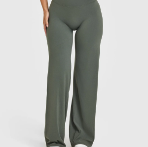 Custom Dark Khaki Wide Leg Leggings | Straight Leg Bottoms for Yoga & Gym | Comfortable Activewear