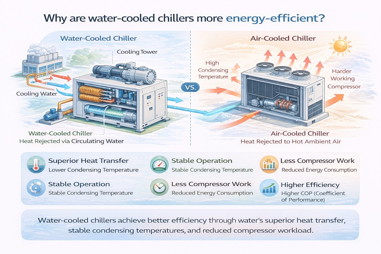 Why are water-cooled chillers more energy-efficient?