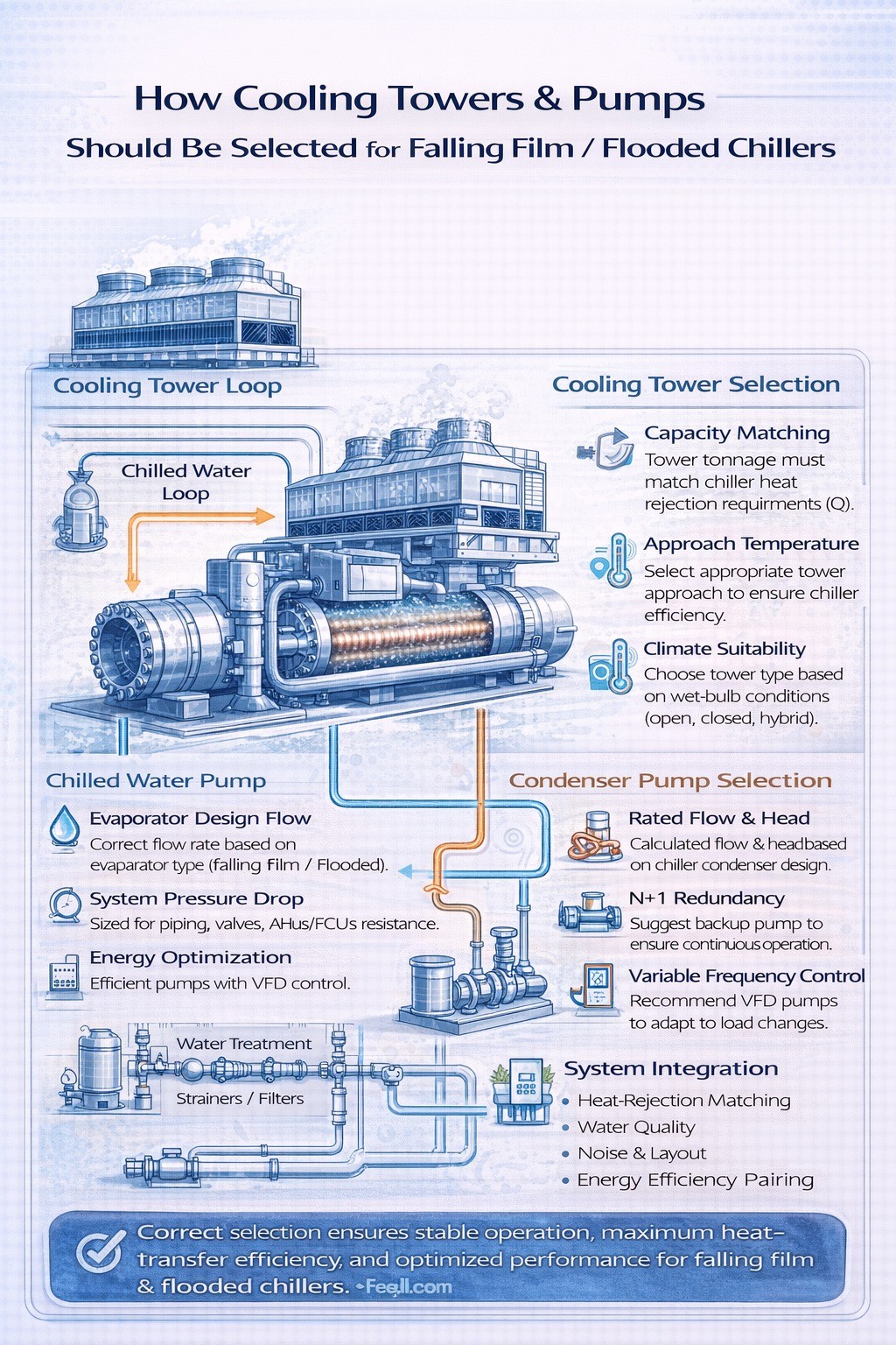 How should the cooling tower and pumps be selected?