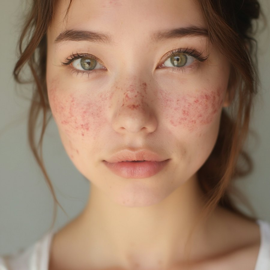 Close-up of facial skin showing redness and uneven tone on the cheeks