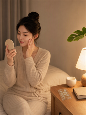 Woman applying a sheet mask to her face at home