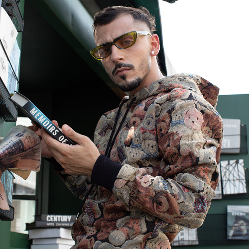 Tapestry Jacquard Hoodie for Men – All-Over Bear Pattern, Custom Logo OEM
